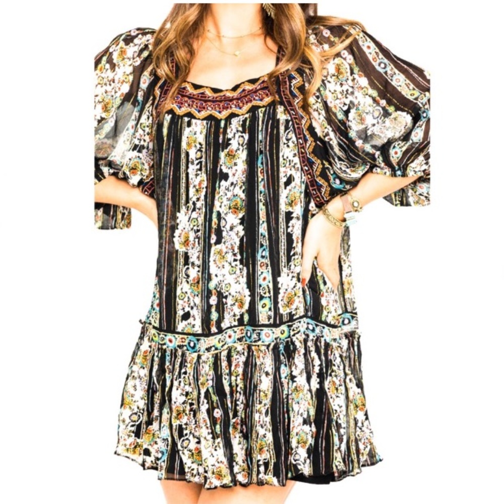 NWT✨$148 Free People Dance Magic Embroidered Sleeve Tunic Dress Black Small - Picture 10 of 10